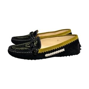 TOD’S Gommino Driving Black Suede Loafers 36.5/US 6.5 Slip On Embroidered Italy